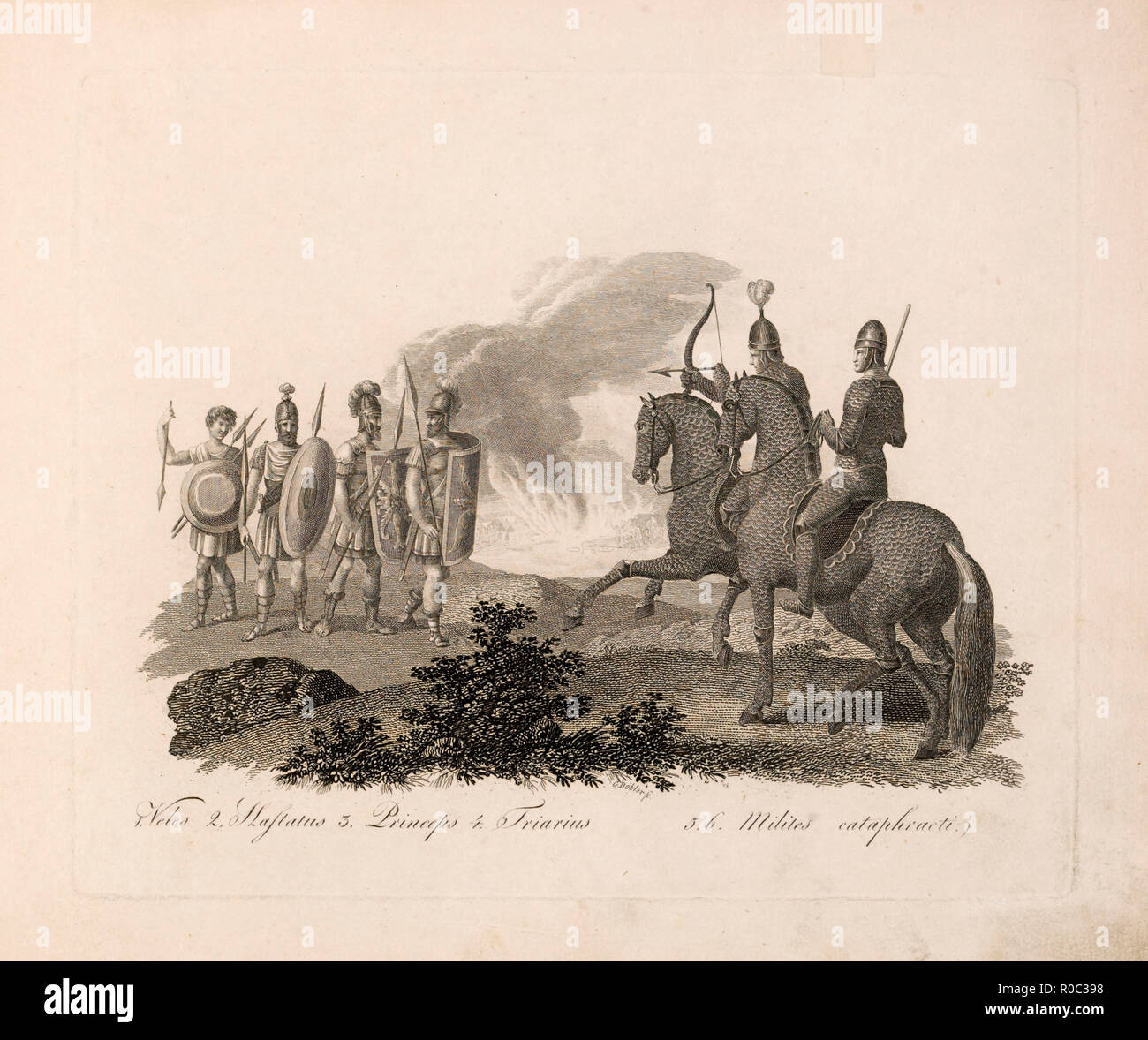Veles (Roman Infantryman), Emperor, versus Armored Soldiers, Ancient Rome, Engraving, G. Dobler, 1819 Stock Photo