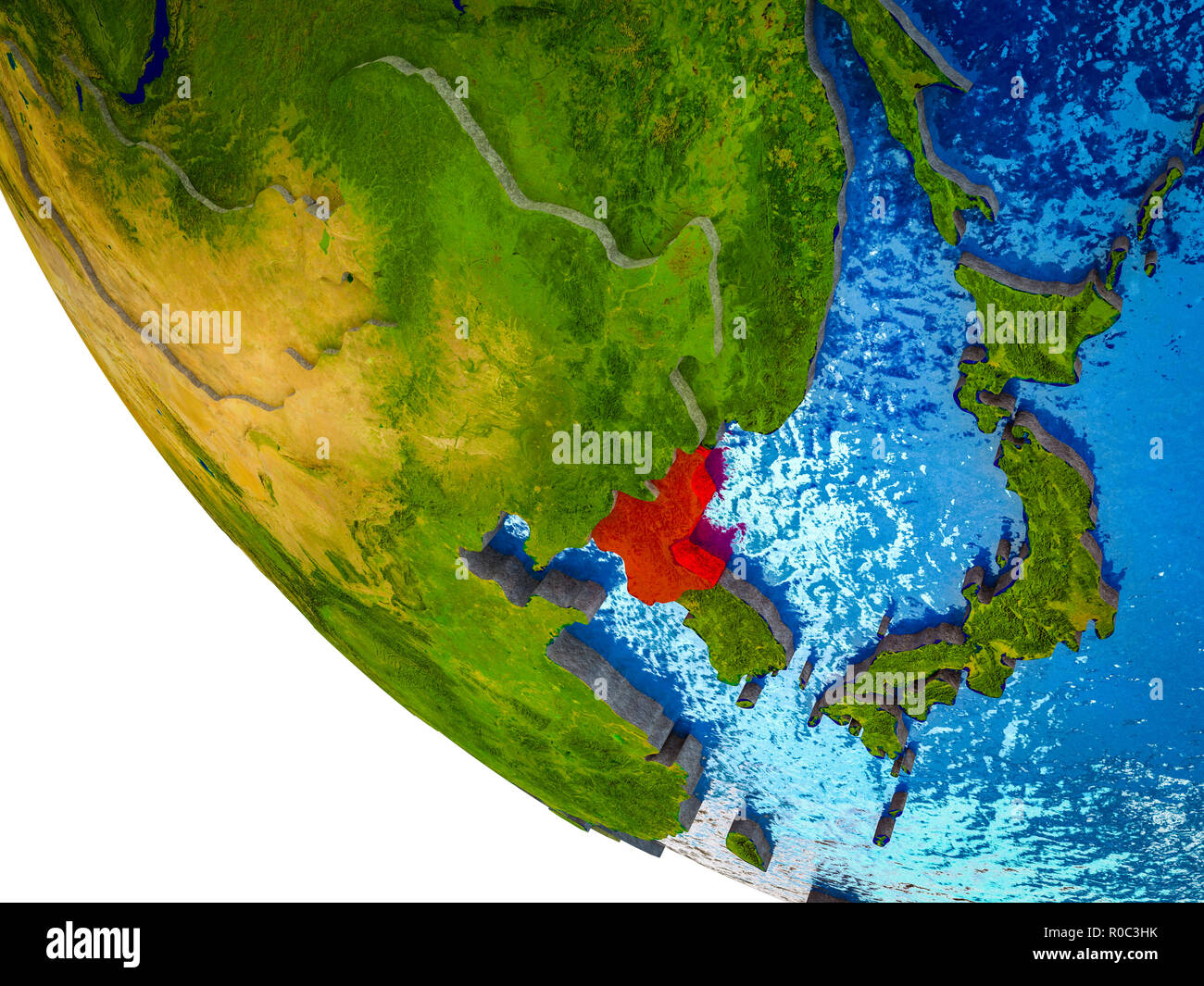 North Korea on model of Earth with country borders and blue oceans with ...