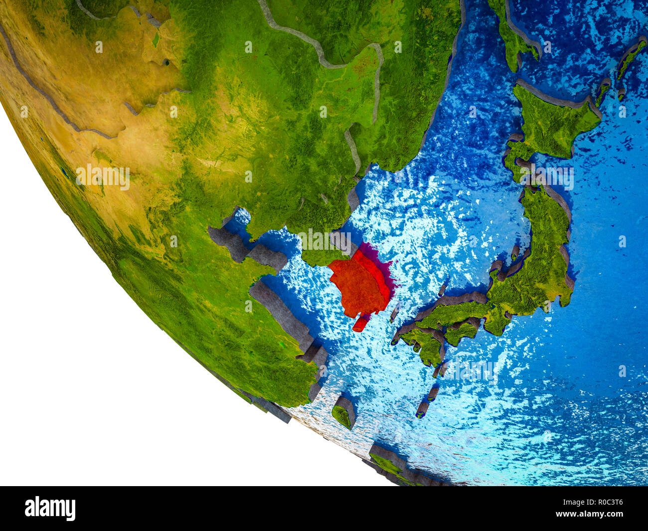 South Korea on model of Earth with country borders and blue oceans with ...