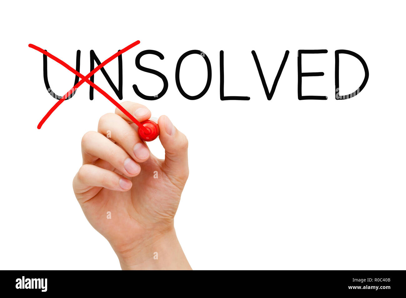 Hand changing the word Unsolved into Solved with red marker isolated on white in solution concept. Stock Photo