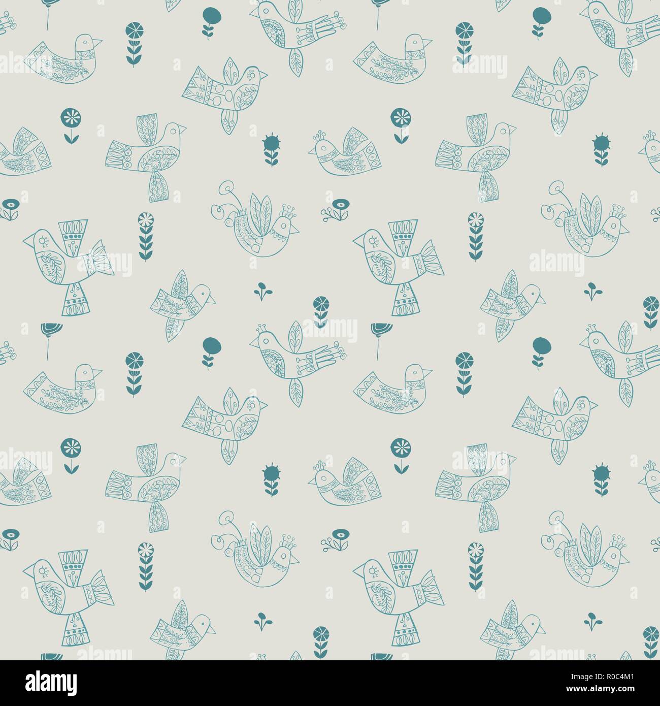 Vector christmas folk blue birds seamless pattern. Stock Vector