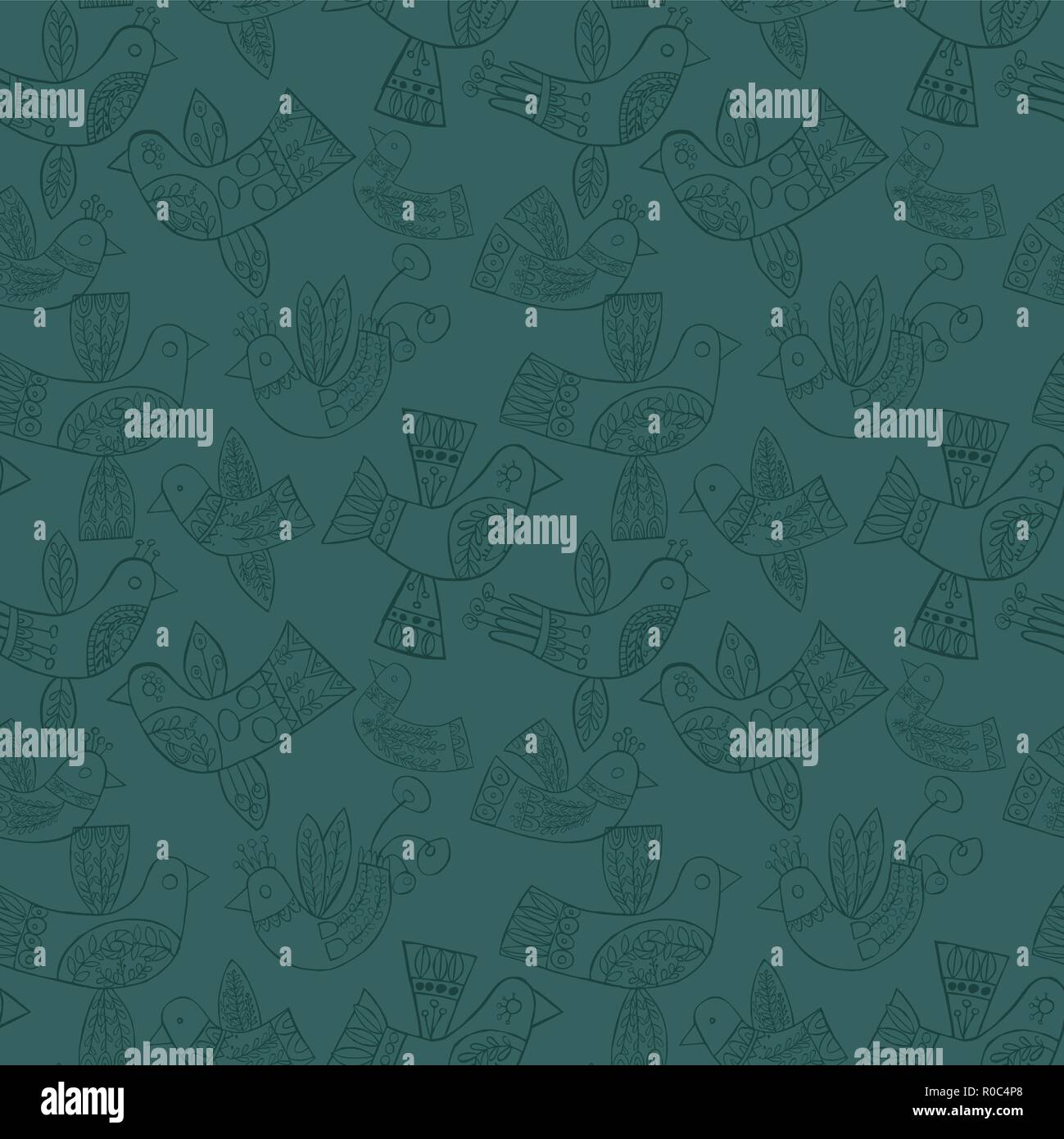 Vector christmas folk blue birds seamless pattern. Stock Vector