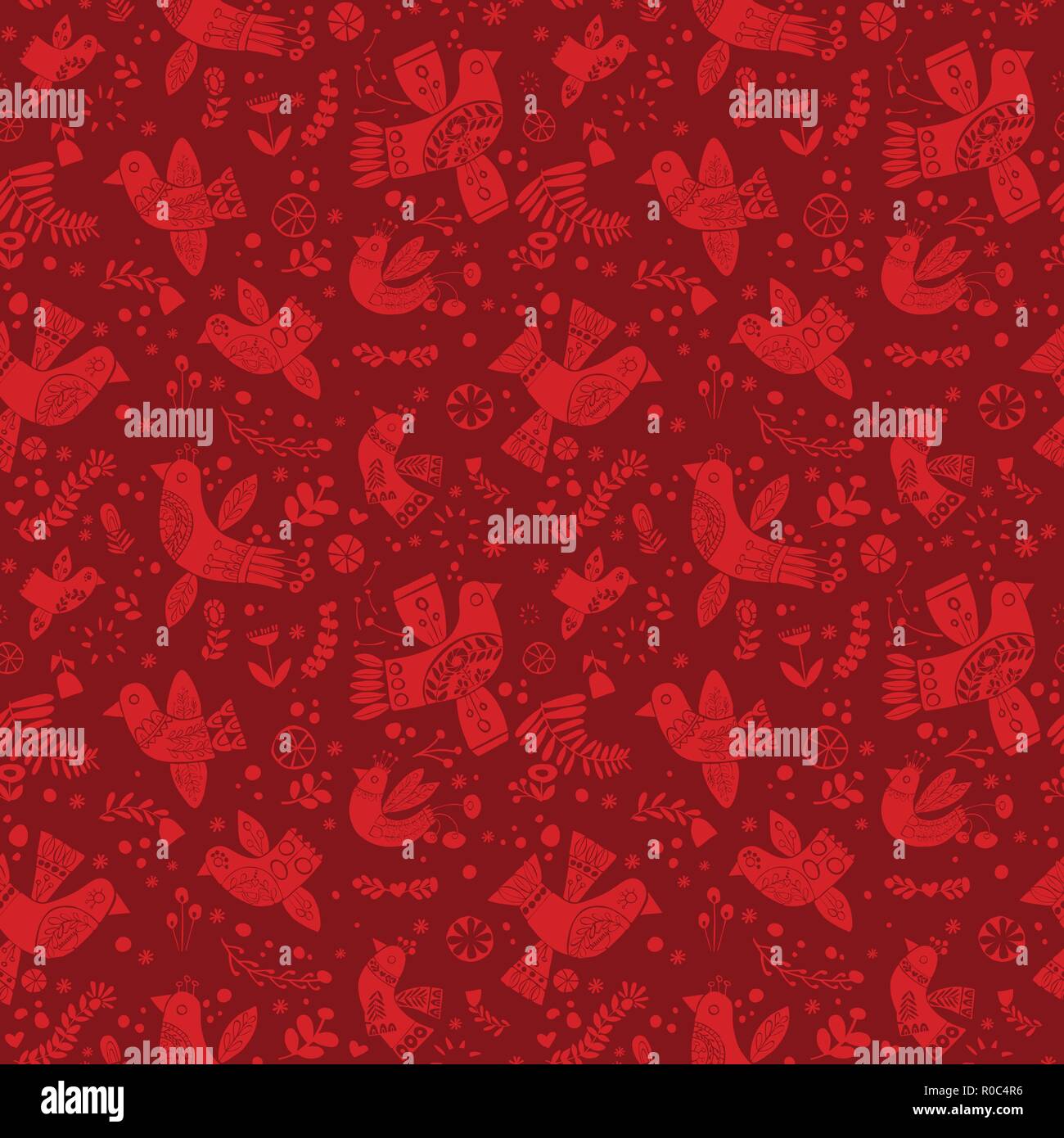 Vector red folk christmas birds seamless pattern. Stock Vector