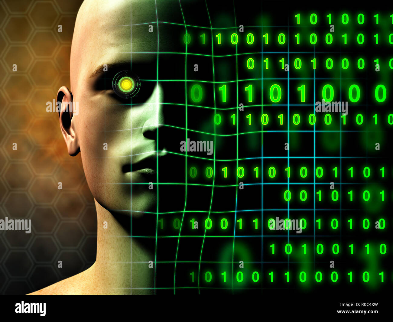 A cyborg face gradually fades into some binary code stream. Digital ...