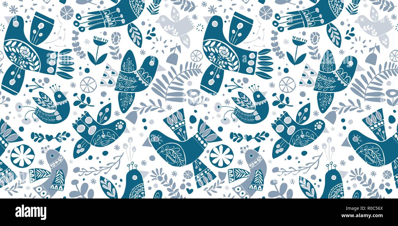 Vector folk christmas blue birds seamless pattern. Stock Vector