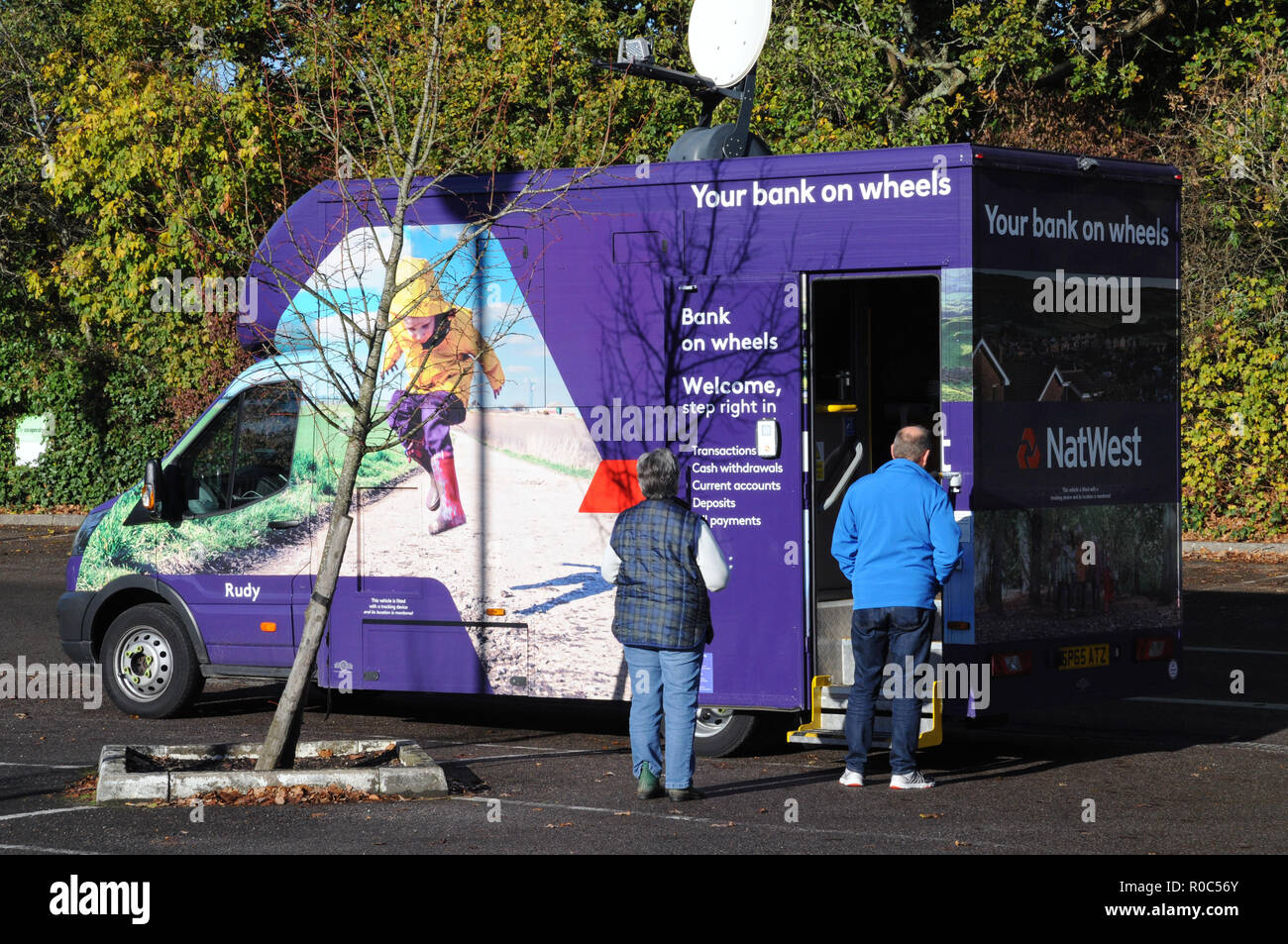 Natwest Bank's answer to the closure of some of its local branches in East Sussex. This mobile banking service calls once a week. Stock Photo