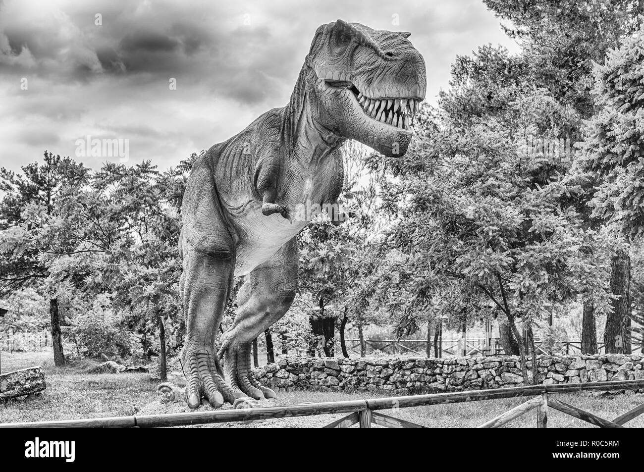 SAN MARCO IN LAMIS, ITALY - JUNE 9: Tyrannosaurus Rex dinosaur, aka t-rex, featured in the Dino Park in San Marco in Lamis, small town in southern Ita Stock Photo