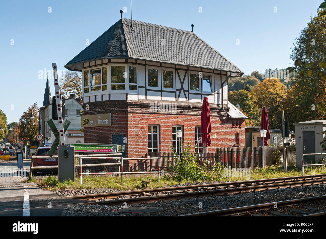 Old signal box, now Bistro, Bad Driburg, NRW, Germany. Stock Photo