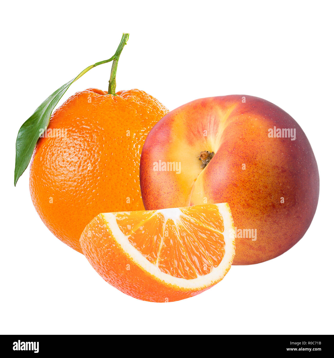 Orange and peach with leaf isolated on white Stock Photo Alamy