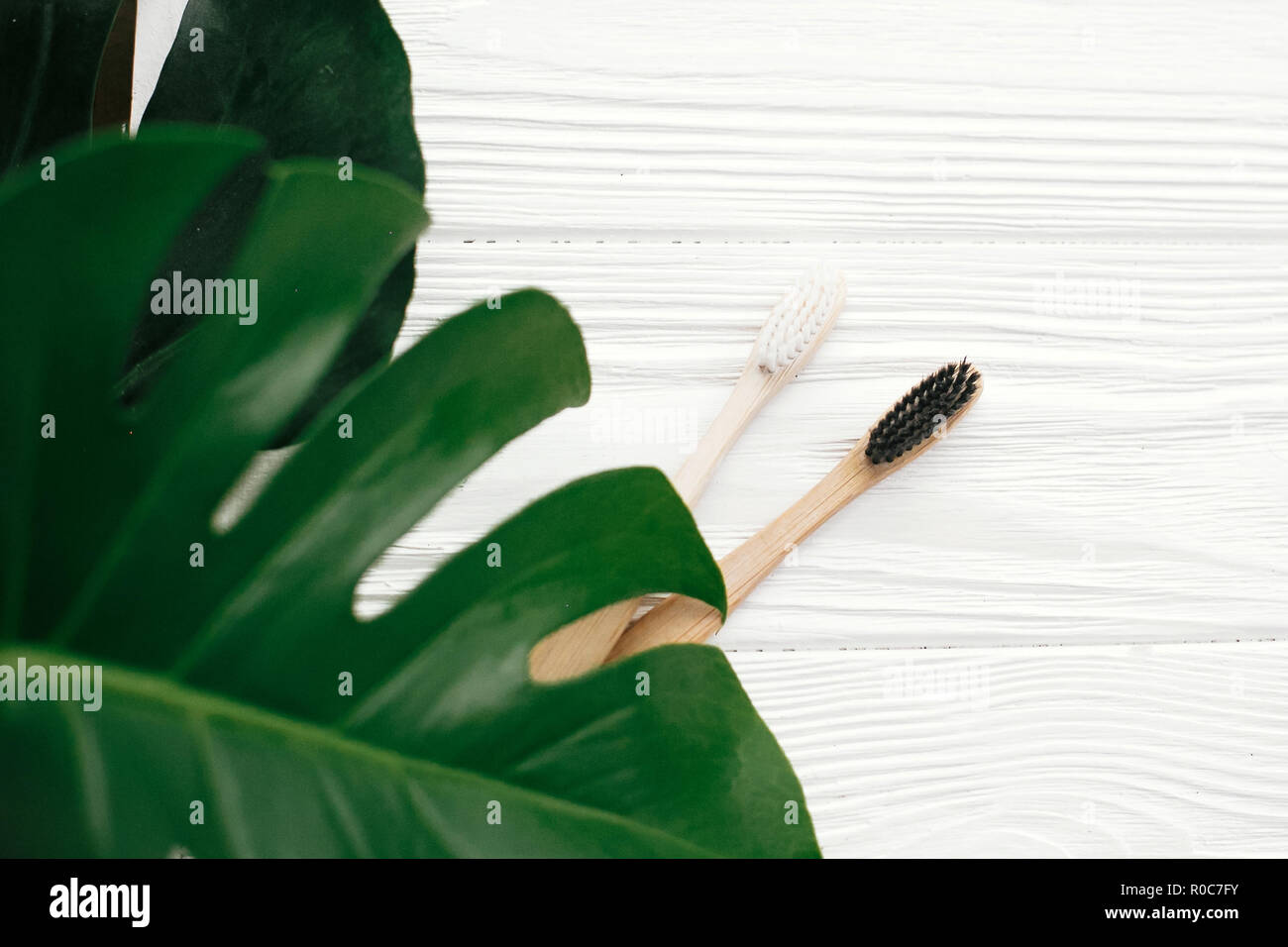 Natural eco friendly bamboo toothbrushes on white wood with green ...