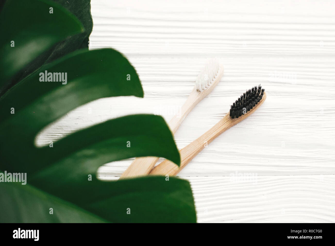 Zero waste concept. Natural eco friendly bamboo toothbrushes on white ...
