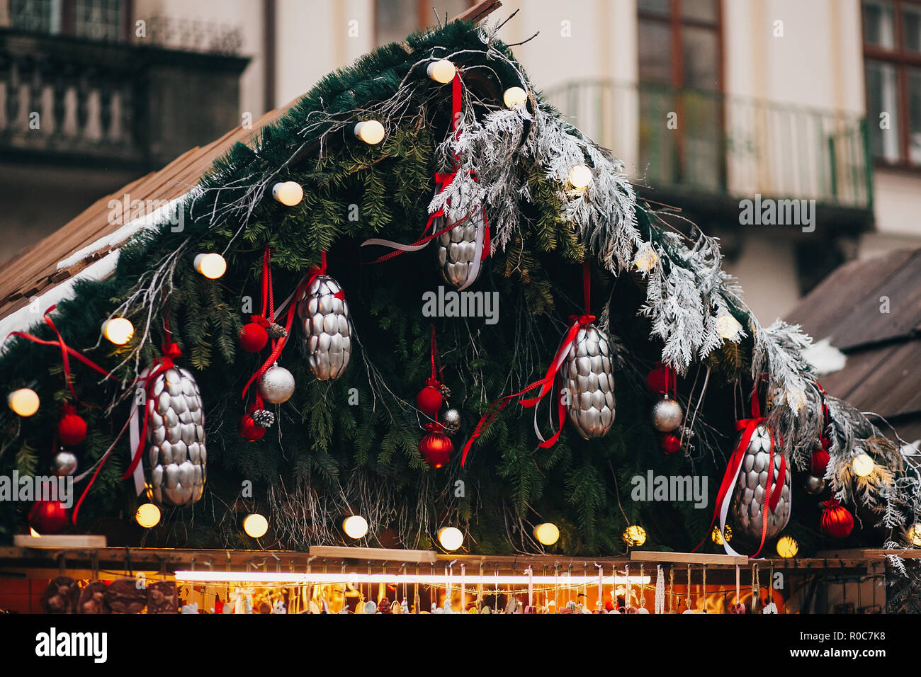 Stylish Garland Lights And Fir Branches With Christmas Decorations