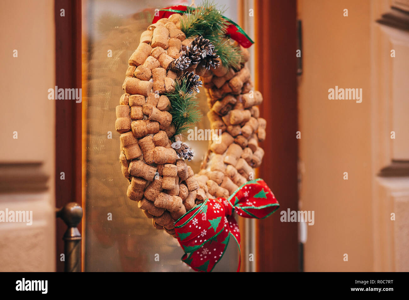 Creative Christmas Wreath Of Wine Corks Pine Cones And Red Bows