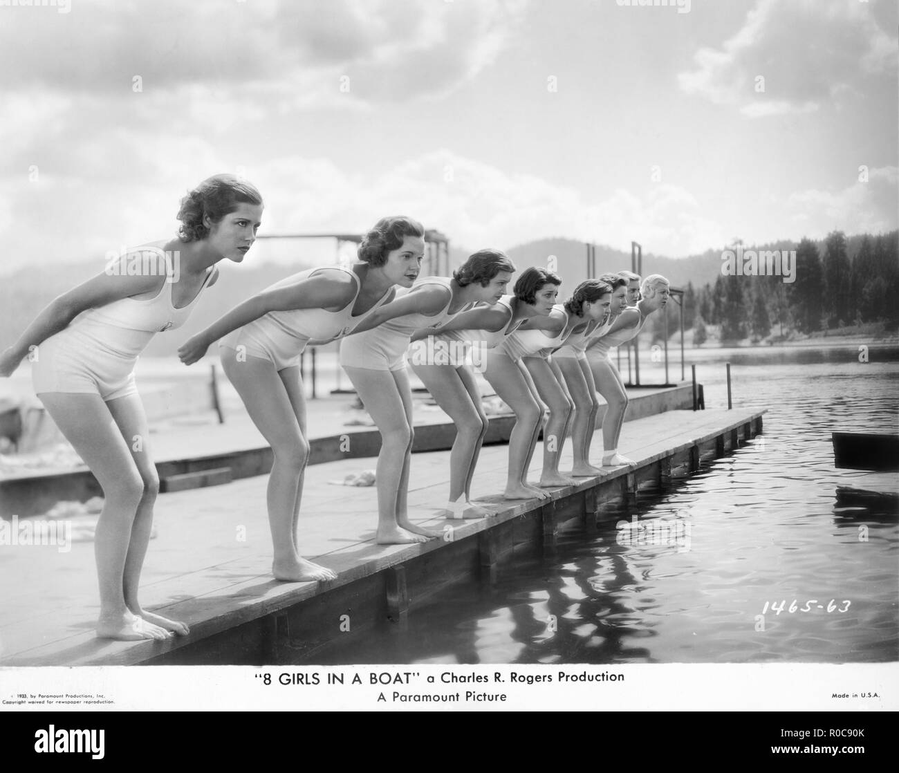 Eight Women getting Ready to Dive into Water, on-set of the Film, '8 Girls in a Boat', Paramount Pictures, 1933 Stock Photo