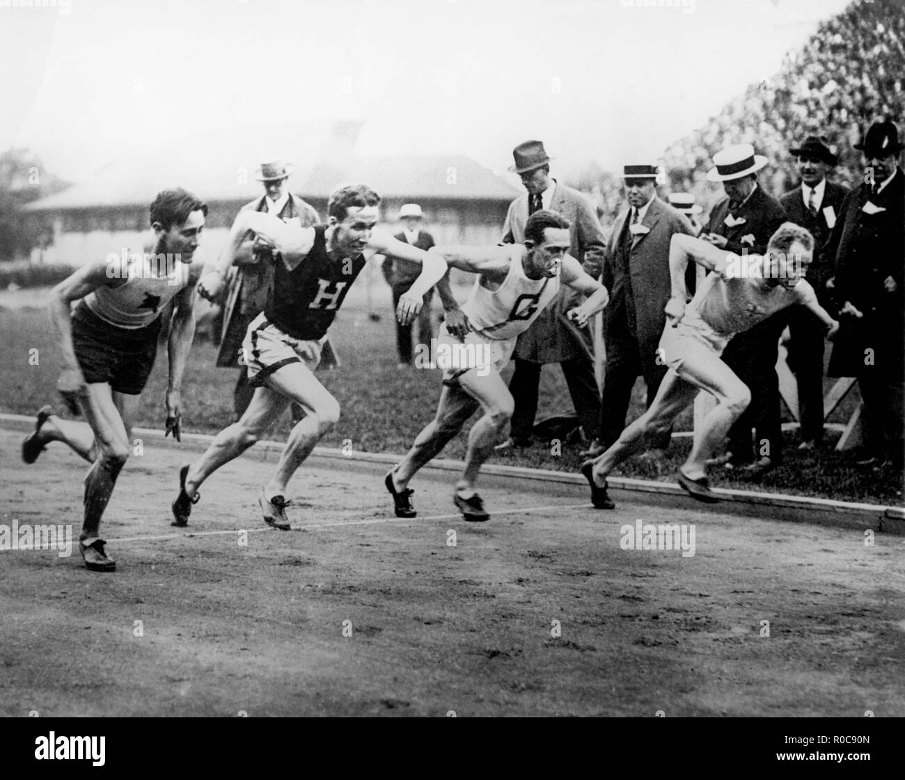 Paavo Nurmi at Start of Mile Race, Harvard Stadium, Cambridge, Massachusetts, USA, May 23, 1925 Stock Photo