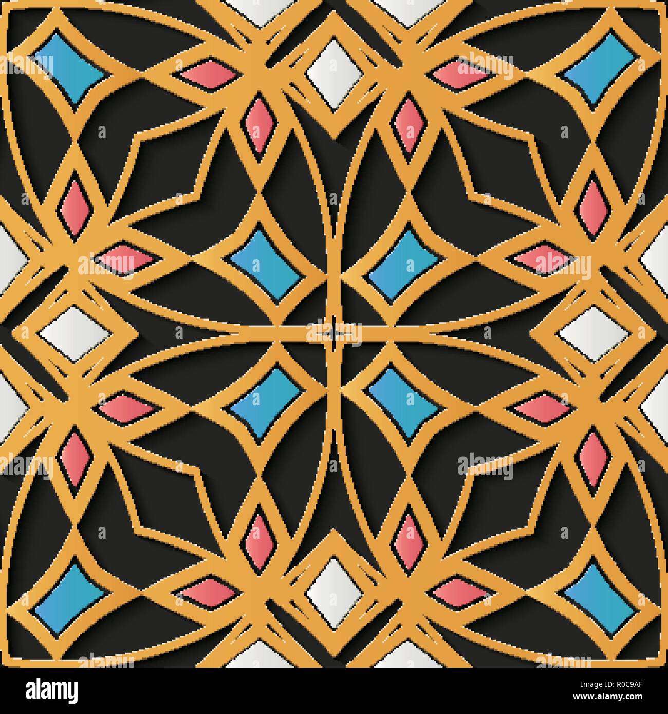 Seamless relief sculpture decoration retro pattern luxury gold polygon flower cross frame colorful dimaond kaleidoscope. Ideal for greeting card or ba Stock Vector