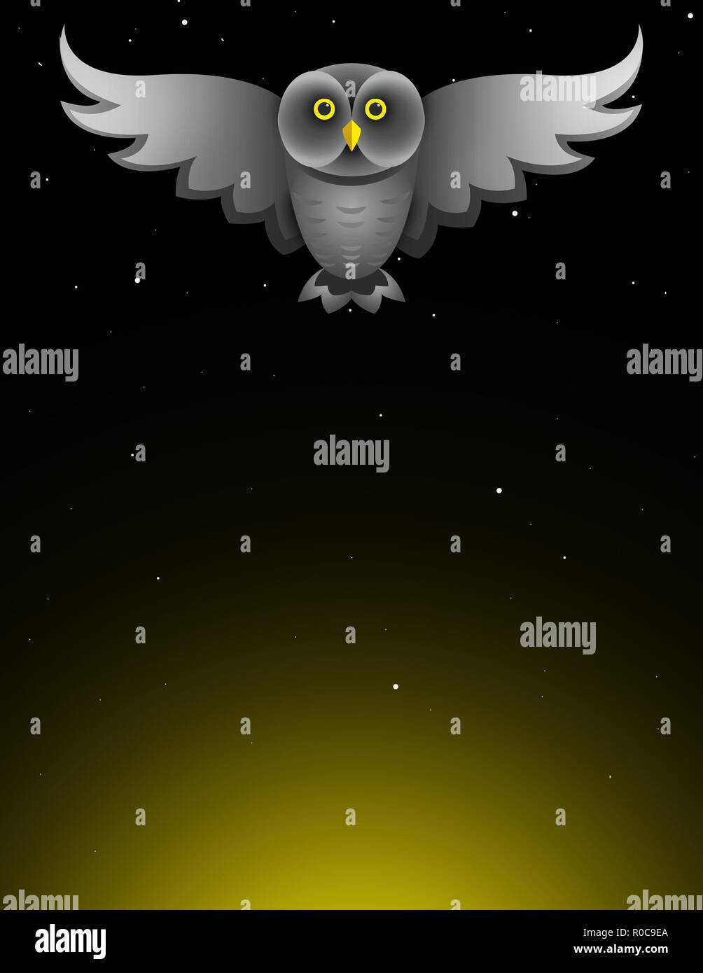 Illustration of a gray owl flying against a night sky Stock Photo