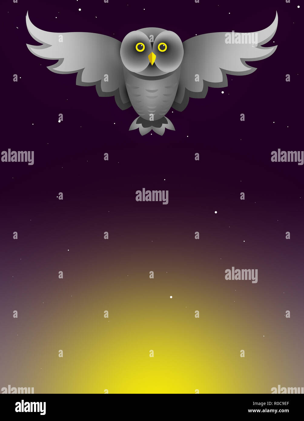 Illustration of a gray owl flying against a purple night sky Stock Photo