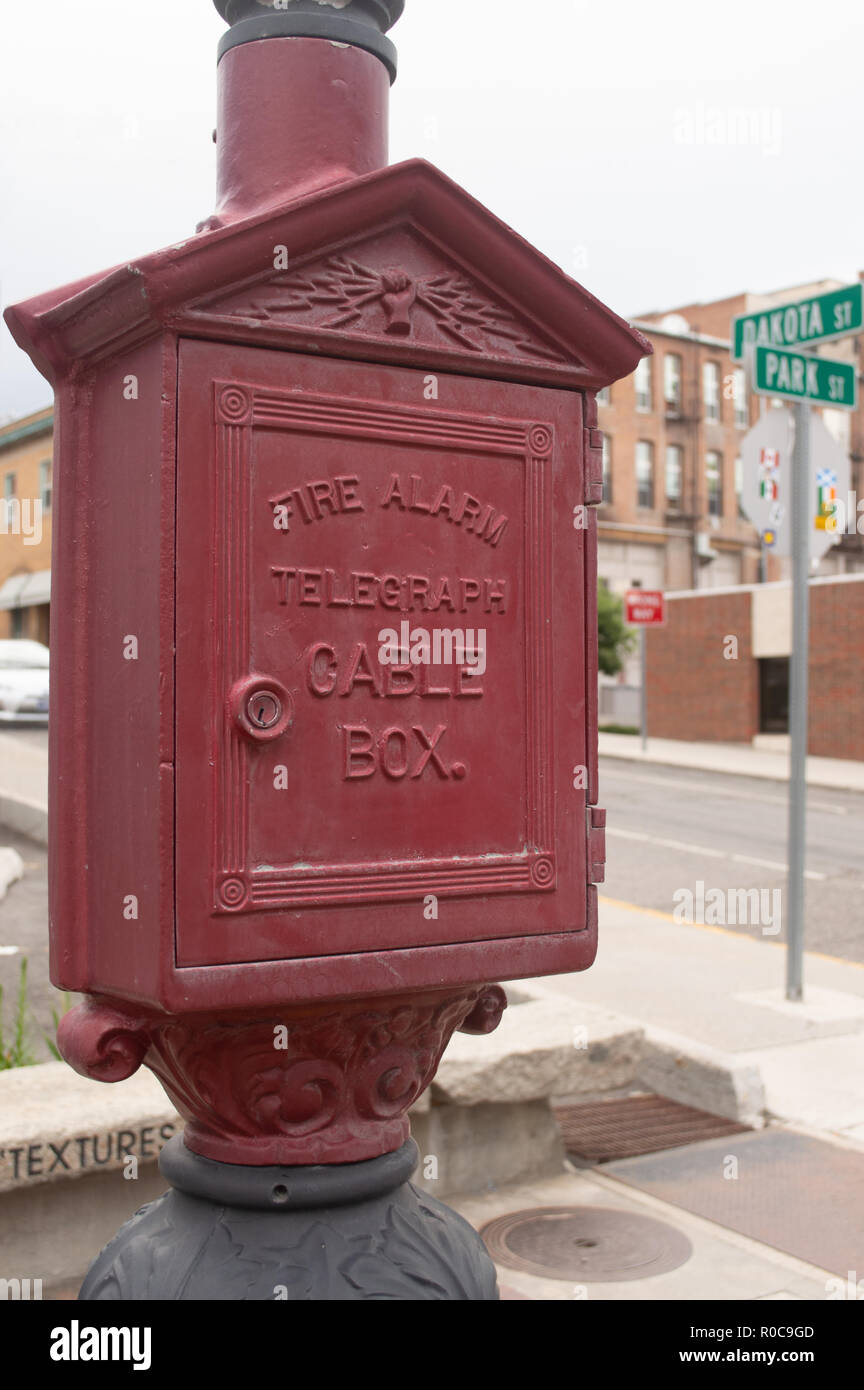 Red fire alarm telegraph cable box in Butte, Montana Stock Photo Alamy
