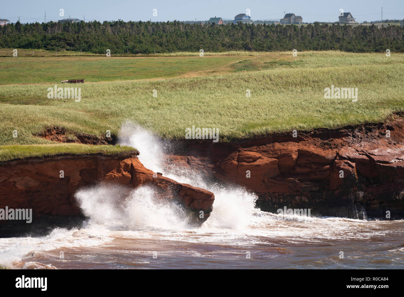 Surf pounds the sandstone cliffs of the north shore of Grindstone