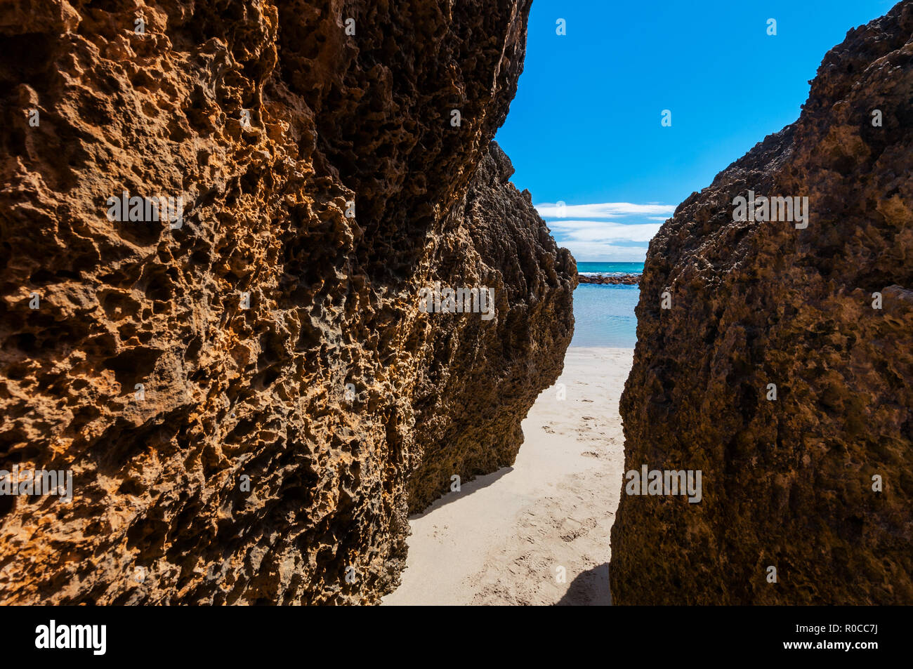 Rocky access track to Stokes Bay on Kangaroo Island. Stock Photo