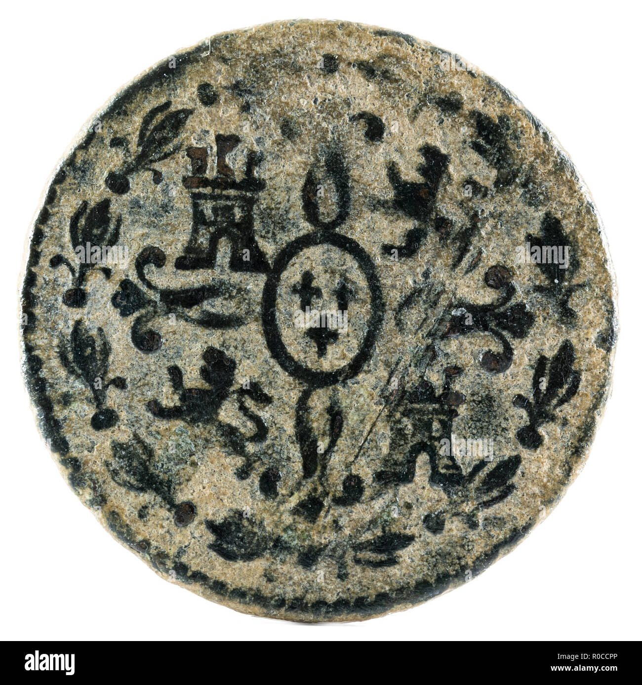 Ancient Spanish copper coin of the King Carlos III. 1777. Coined in