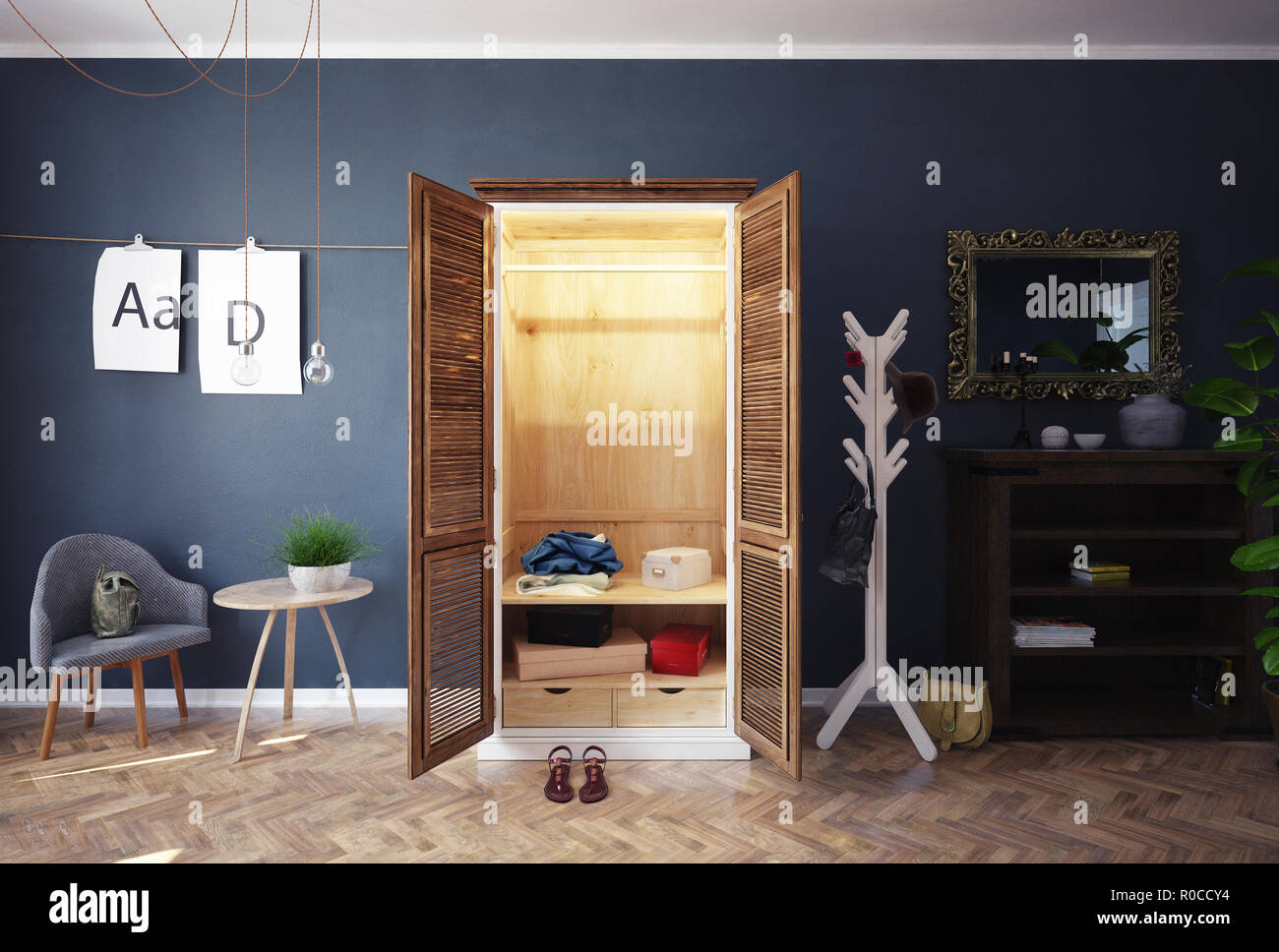home closet with open doors interior. 3d rendering design concept Stock ...