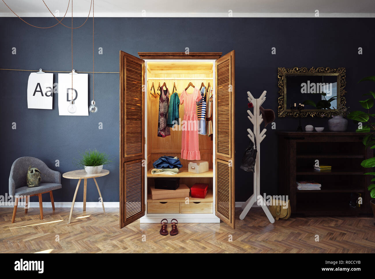 home closet with open doors interior. 3d rendering design concept Stock ...
