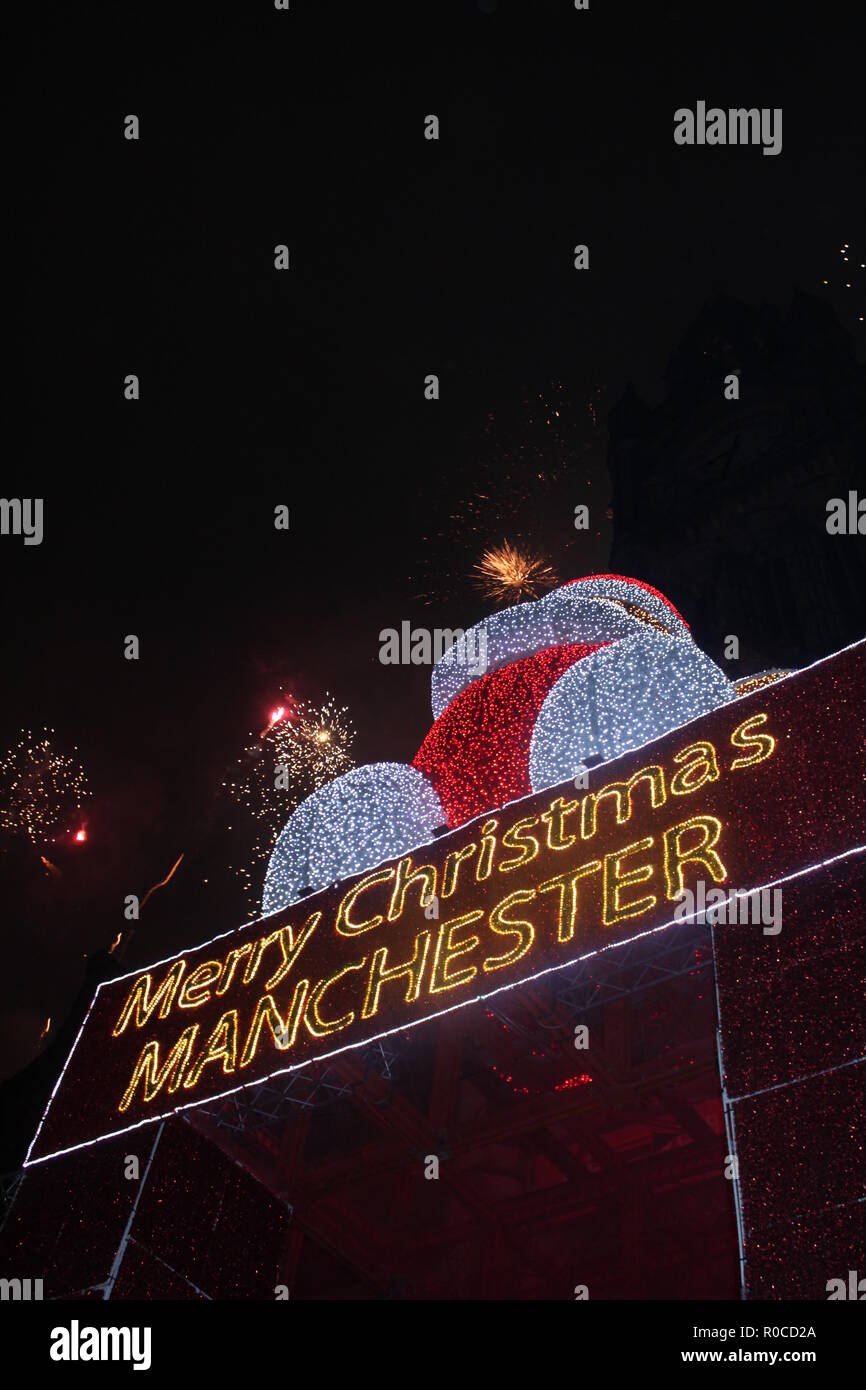 Manchester Christmas Lights Switch On With Fireworks Stock Photo