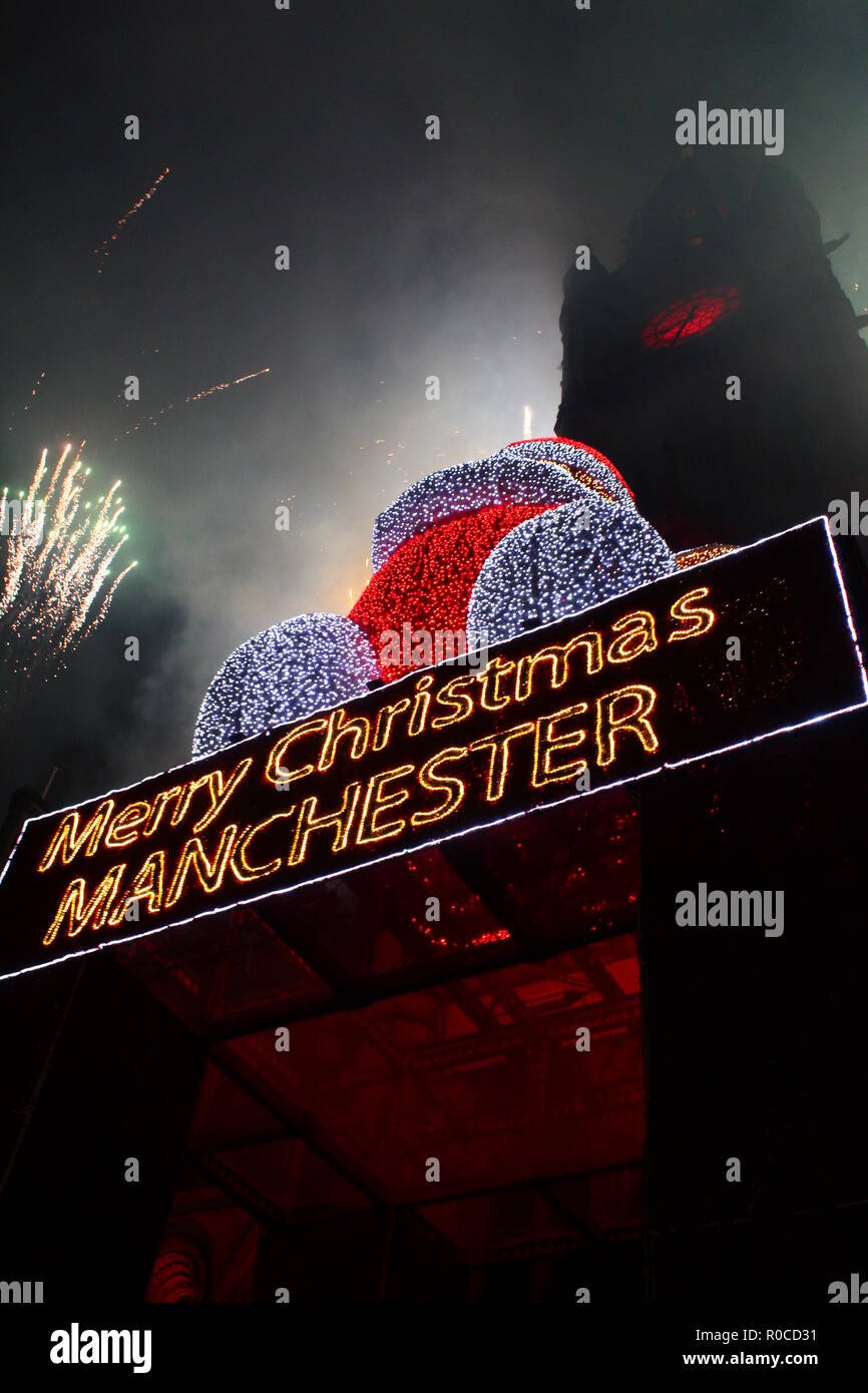 Manchester Christmas Lights Switch On With Fireworks Stock Photo