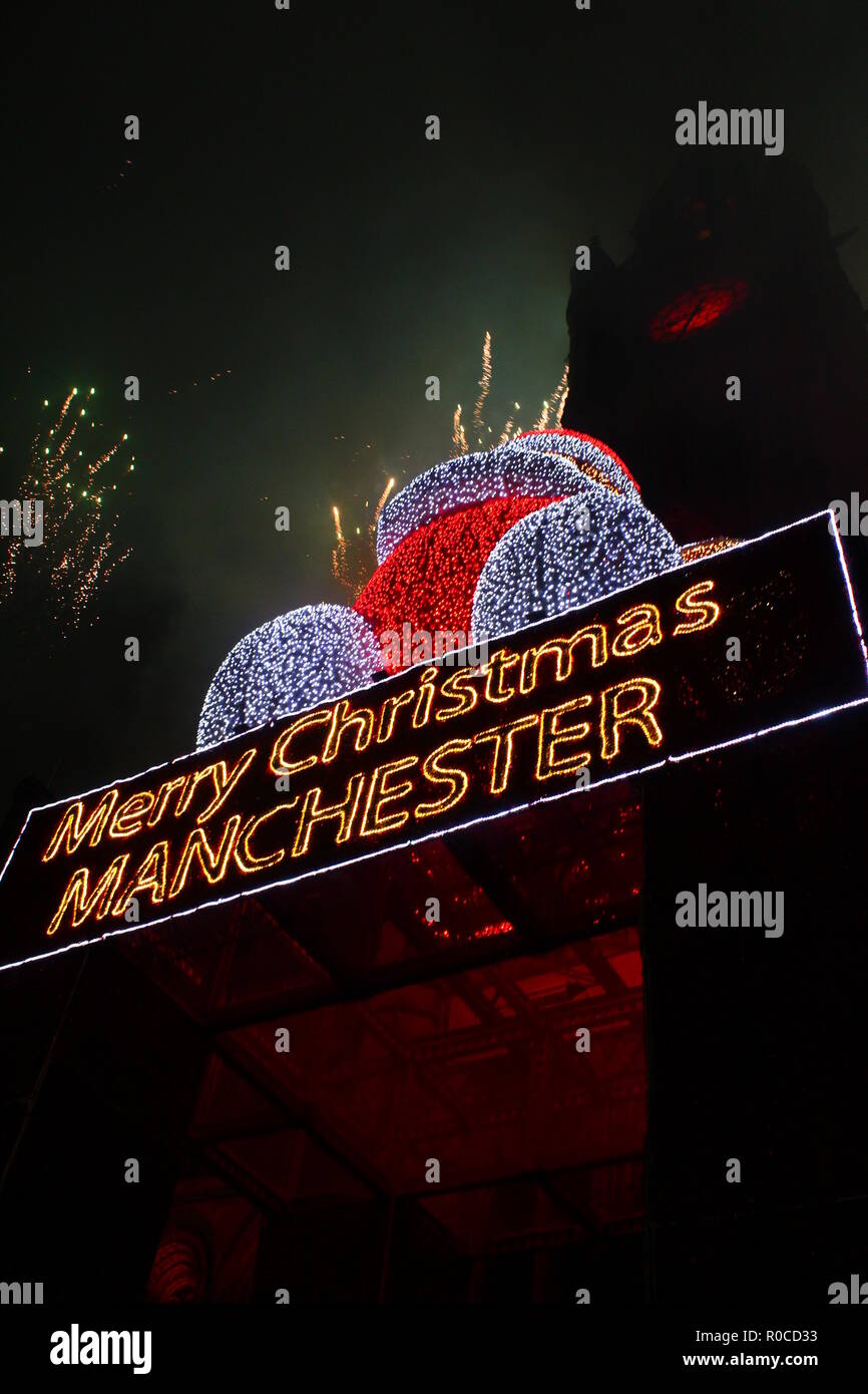 Manchester Christmas Lights Switch On With Fireworks Stock Photo