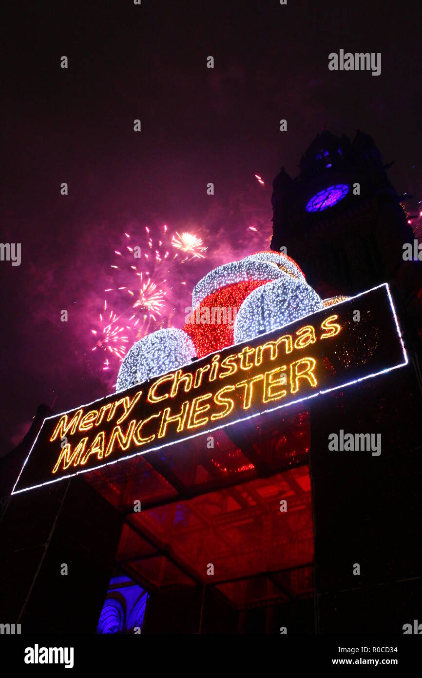 Manchester Christmas Lights Switch On With Fireworks Stock Photo