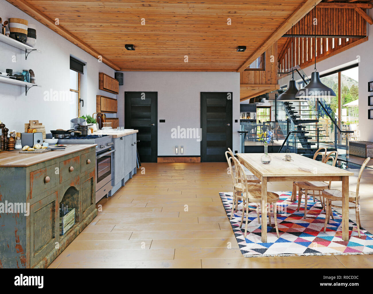 modern chalet interior. 3d design rendering concept Stock Photo - Alamy