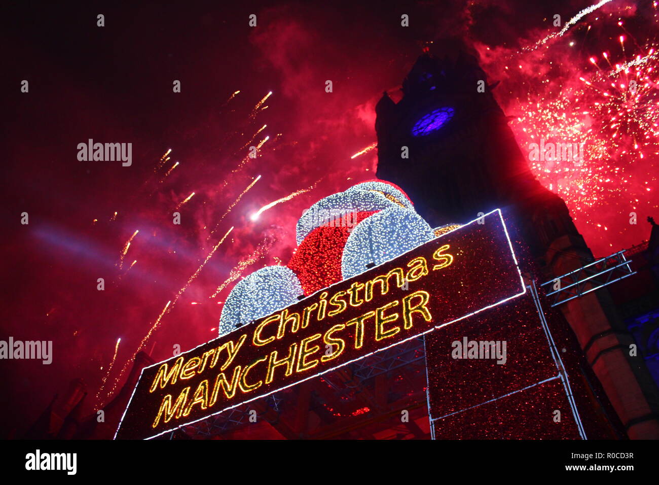 Manchester Christmas Lights Switch On With Fireworks Stock Photo