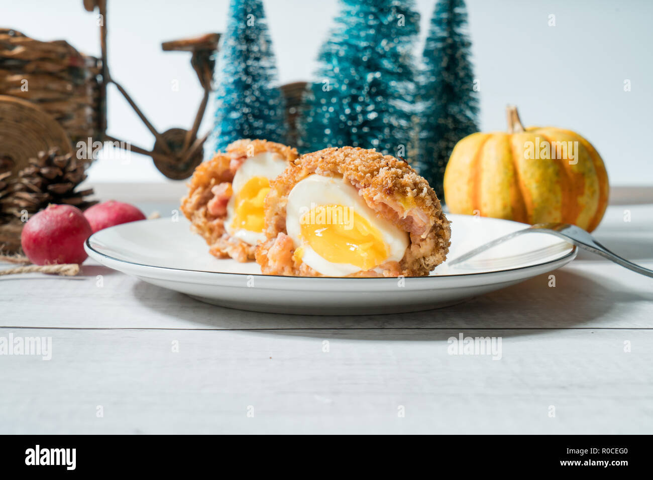 Scotch Eggs with Decorated background Stock Photo