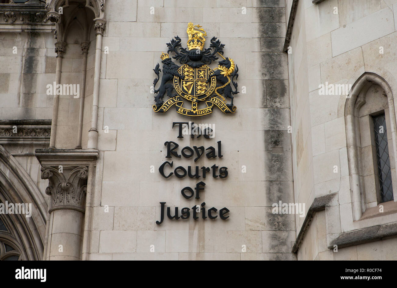 General View GV of The Royal Courts of Justice, Strand, City of Westminster, London. The Royal Courts of Justice, commonly called the Law Courts, is a Stock Photo