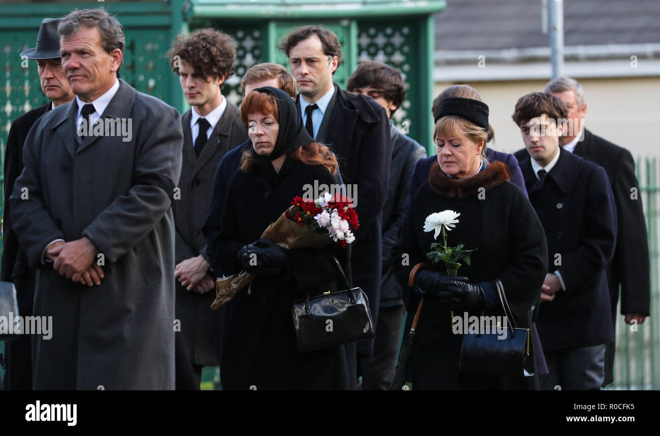 Filming of season 3 of Netflix show 'The Crown' in Wales. The episode deals with the Aberfan disaster, the Pantglas Junior School was demolished after colliery waste slipped from the mountain behind the school resulting in the deaths of 116 children and 24 adults.  Featuring: Atmosphere Where: Cwmaman, United Kingdom When: 03 Oct 2018 Credit: WENN.com Stock Photo