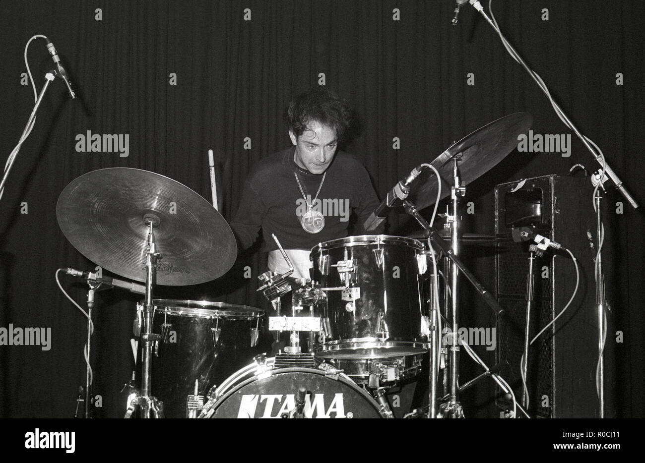 Drummer Blackie Onassis from alternative rock band Urge Overkill performing at The Venue, New Cross, London, 12th April 1991. Stock Photo
