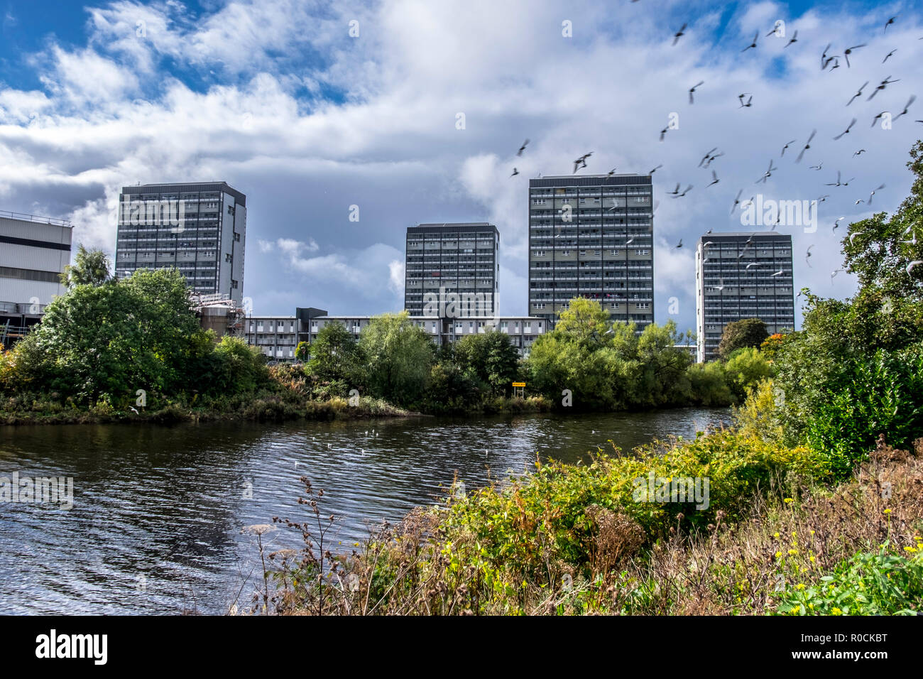 River Clyde Glasgow showing city centre and hi rise flats in the Gorbals Stock Photo