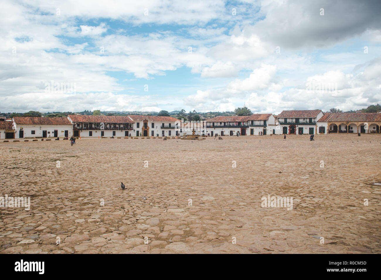 Plaza Mayor, the main town square of Villa de Leyva, Colombia, famous for its large expanse of cobbled space Stock Photo