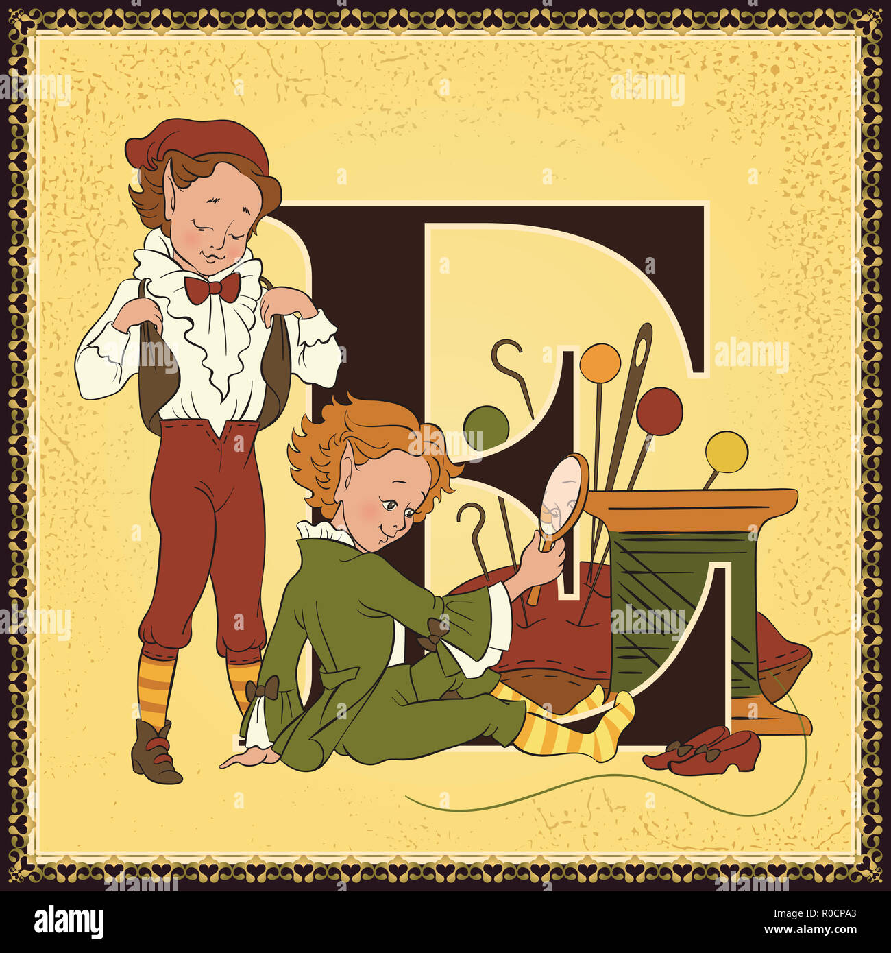 Children book cartoon fairytale alphabet. Letter E. The Elves and the Shoemaker by Grimm Brothers Stock Photo