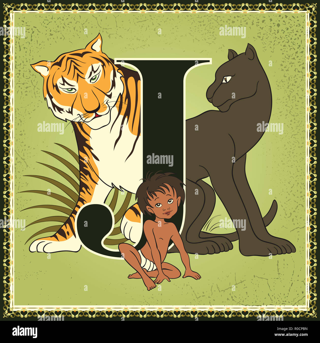 Children book cartoon fairytale alphabet. Letter J. The Jungle Book by Rudyard Kipling Stock Photo