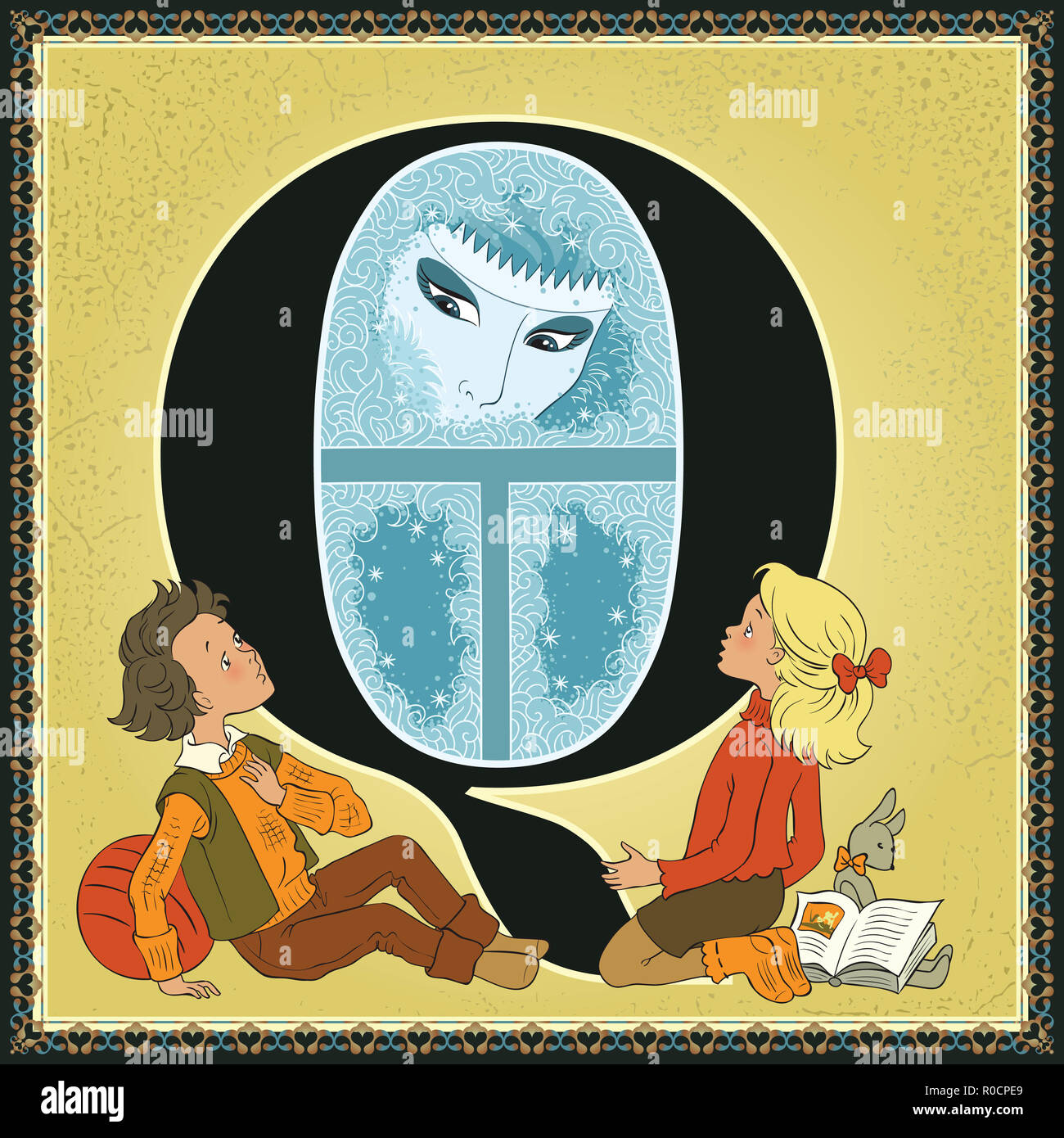 Children book cartoon fairytale alphabet. Letter Q. The Snow Queen by Hans Christian Andersen Stock Photo