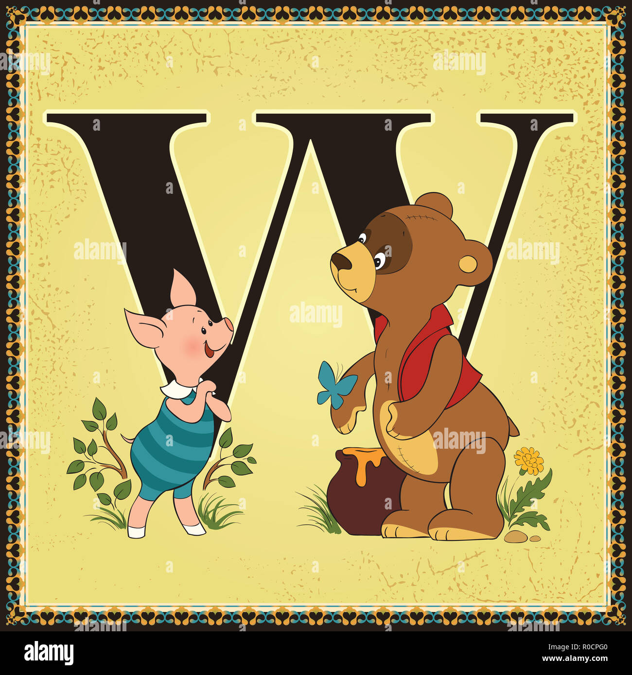 Children book cartoon fairytale alphabet. Letter W. Winnie-the-Pooh by Alan Alexander Miln Stock Photo