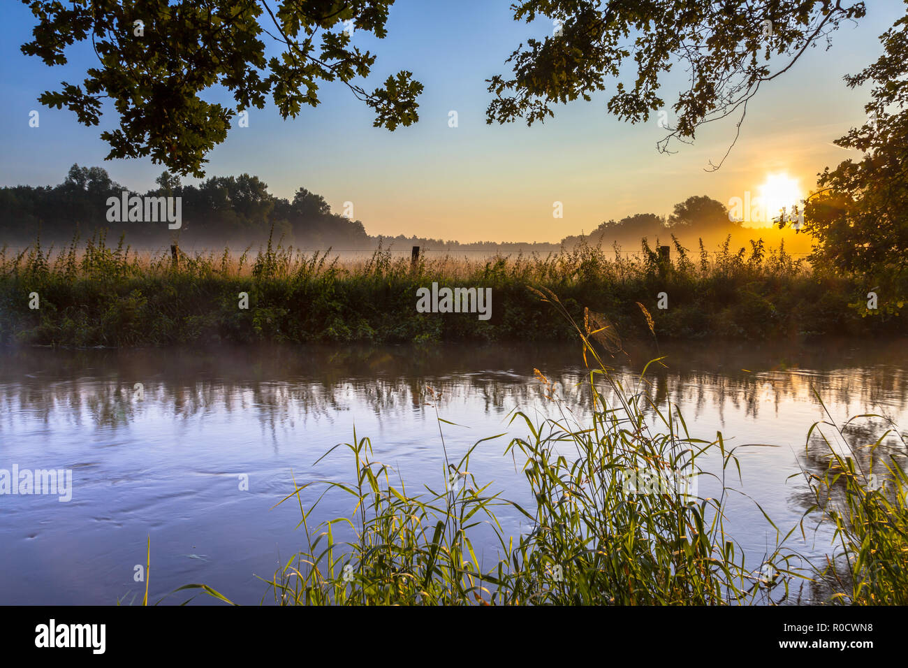 River and bank of the Dinkel in Twente on an early summer morning with haze over the countryside in the Netherlands Stock Photo