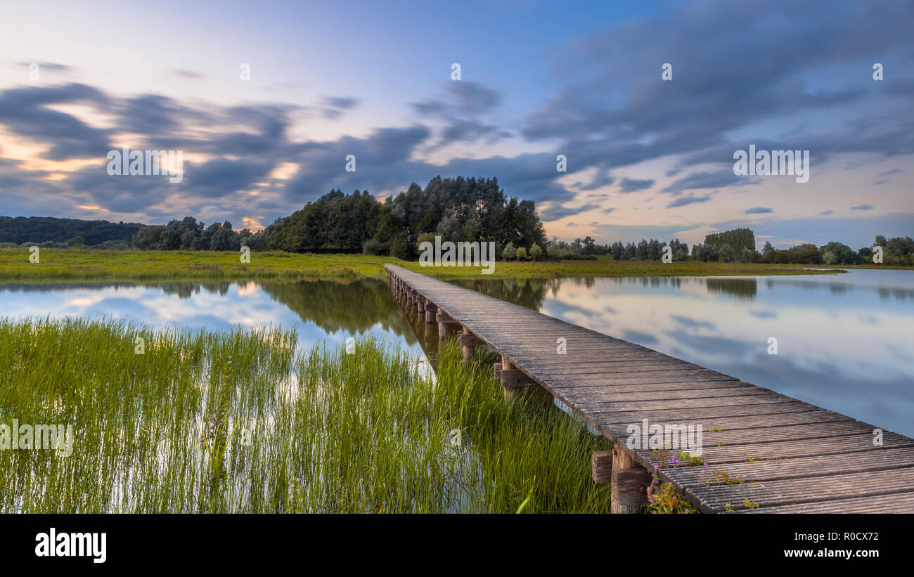 Long exposure image of a wooden footbridge as a concept for challenge in nature reserve de Blauwe Kamer near Wageningen, Betuwe, Netherlands Stock Photo