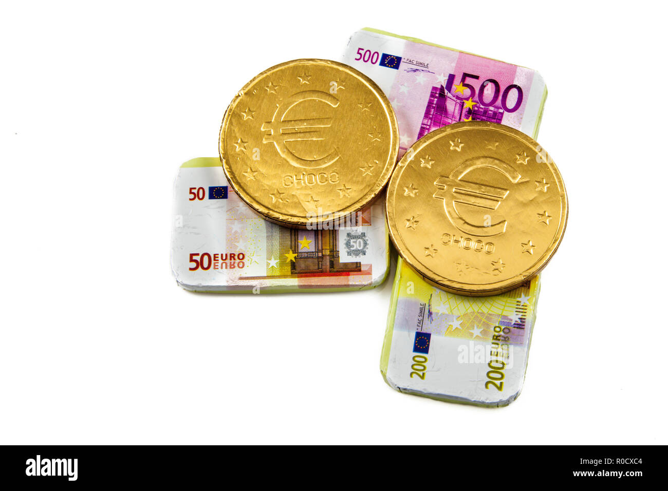 Chocolate coins and banknotes as a concept for unreliable financial bussiness Stock Photo