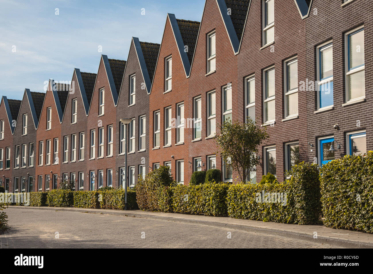 Row of Uniform Family House in a Quiet Street in the Netherlands Stock Photo