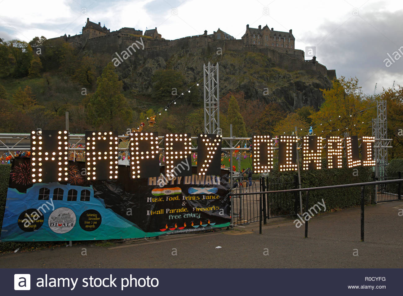 Edinburgh, United Kingdom. 3rd November, 2018. Festival of Diwali at   Princes Street Gardens and the Ross bandstand with Edinburgh Castle.  Credit: Craig Brown/Alamy Live News. Stock Photo