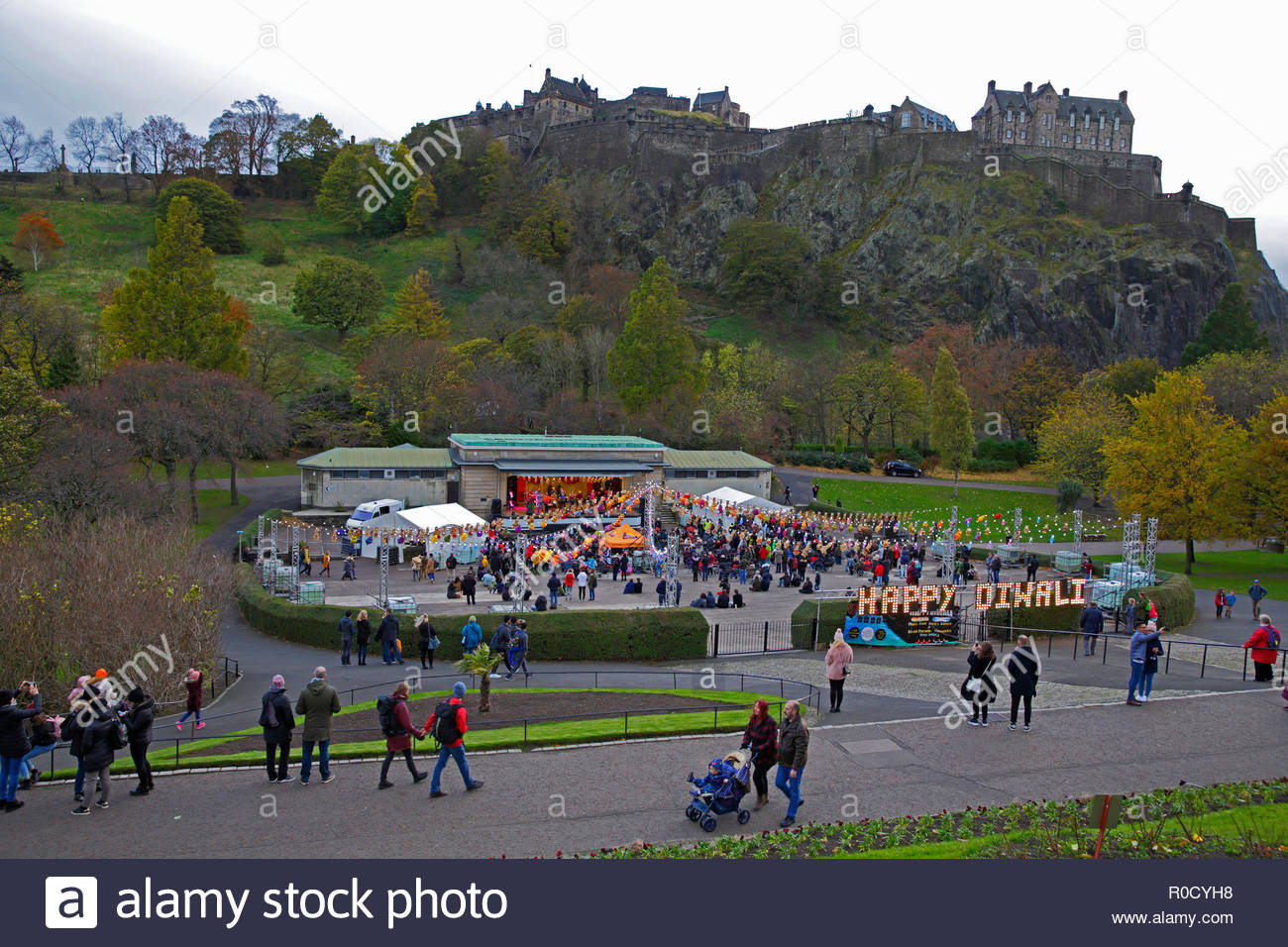 Edinburgh, United Kingdom. 3rd November, 2018. Festival of Diwali at   Princes Street Gardens and the Ross bandstand with Edinburgh Castle.  Credit: Craig Brown/Alamy Live News. Stock Photo